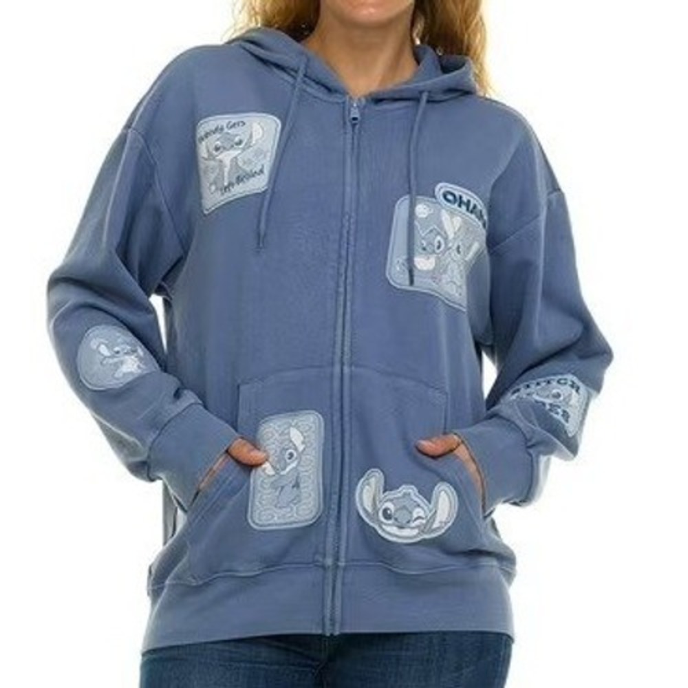 Lilo and Disney Stitch Blue Patches Ohana Full Zip Hoodie Size Medium